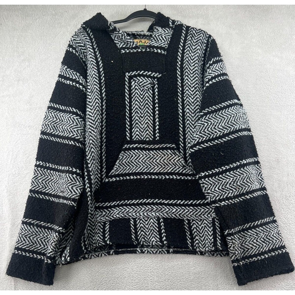 Baja Joe Pullover Mens XL Mexican Drug Rug Hoodie Black White Striped